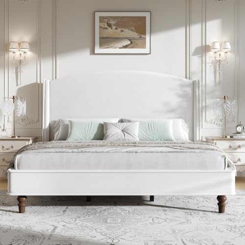 BarnFurin Queen Bed Frame, 52" Elegant Wingback Headboard, Beige