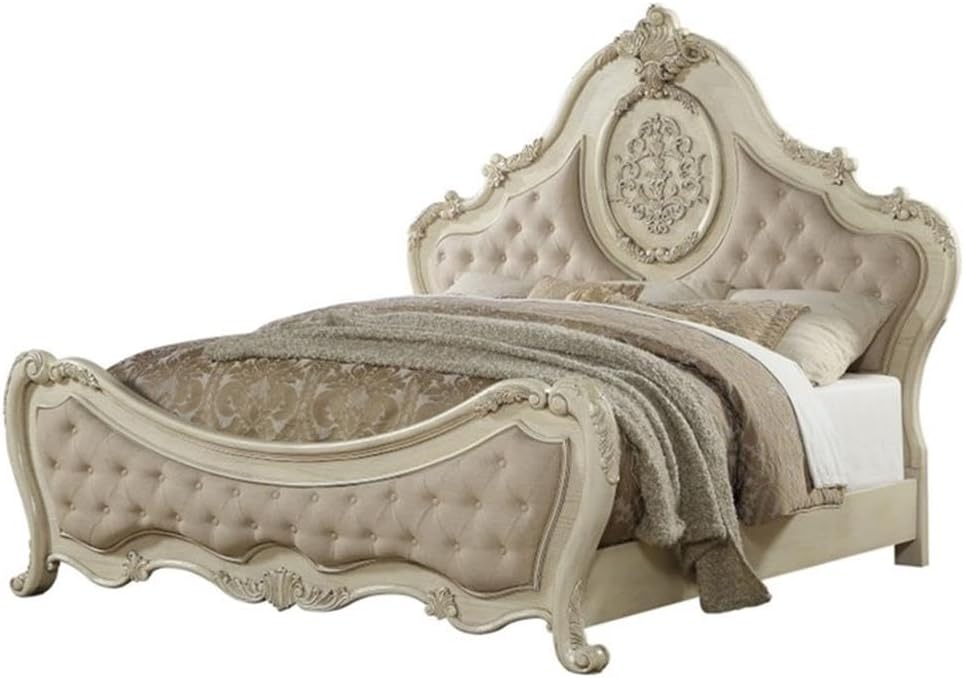 ACME Ragenardus Queen Bed - 27010Q - Beige Linen & Antique White