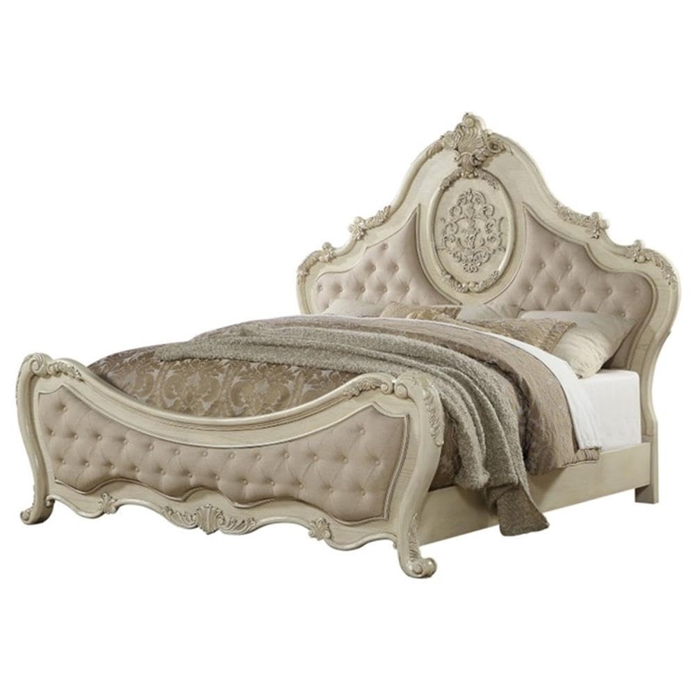 ACME Ragenardus Queen Bed - 27010Q - Beige Linen & Antique White