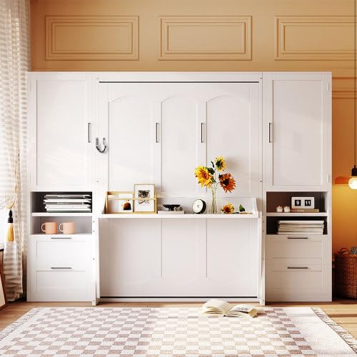 Merax Queen Murphy Bed with Side Wardrobes & Drawers, Queen Size Wall Bed Frame, Multi-Functional Hidden Fold Down Cabinet Bed with Clothing Hanging Rods & Open Shelves, Black