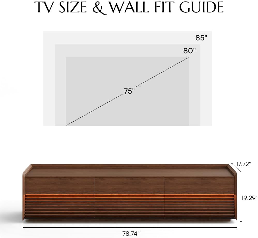 POVISON Fully-Assembled Mid Century Modern TV Stand, 78.74" Wood Media Console with Adjustable LED Light, Entertainment Center with Storage for Living Room
