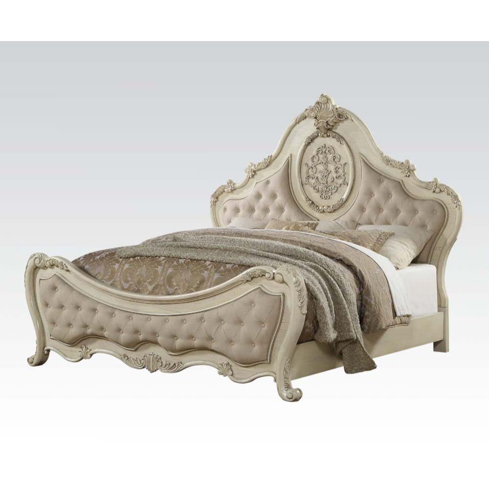ACME Ragenardus Queen Bed - 27010Q - Beige Linen & Antique White