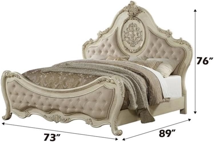 ACME Ragenardus Queen Bed - 27010Q - Beige Linen & Antique White