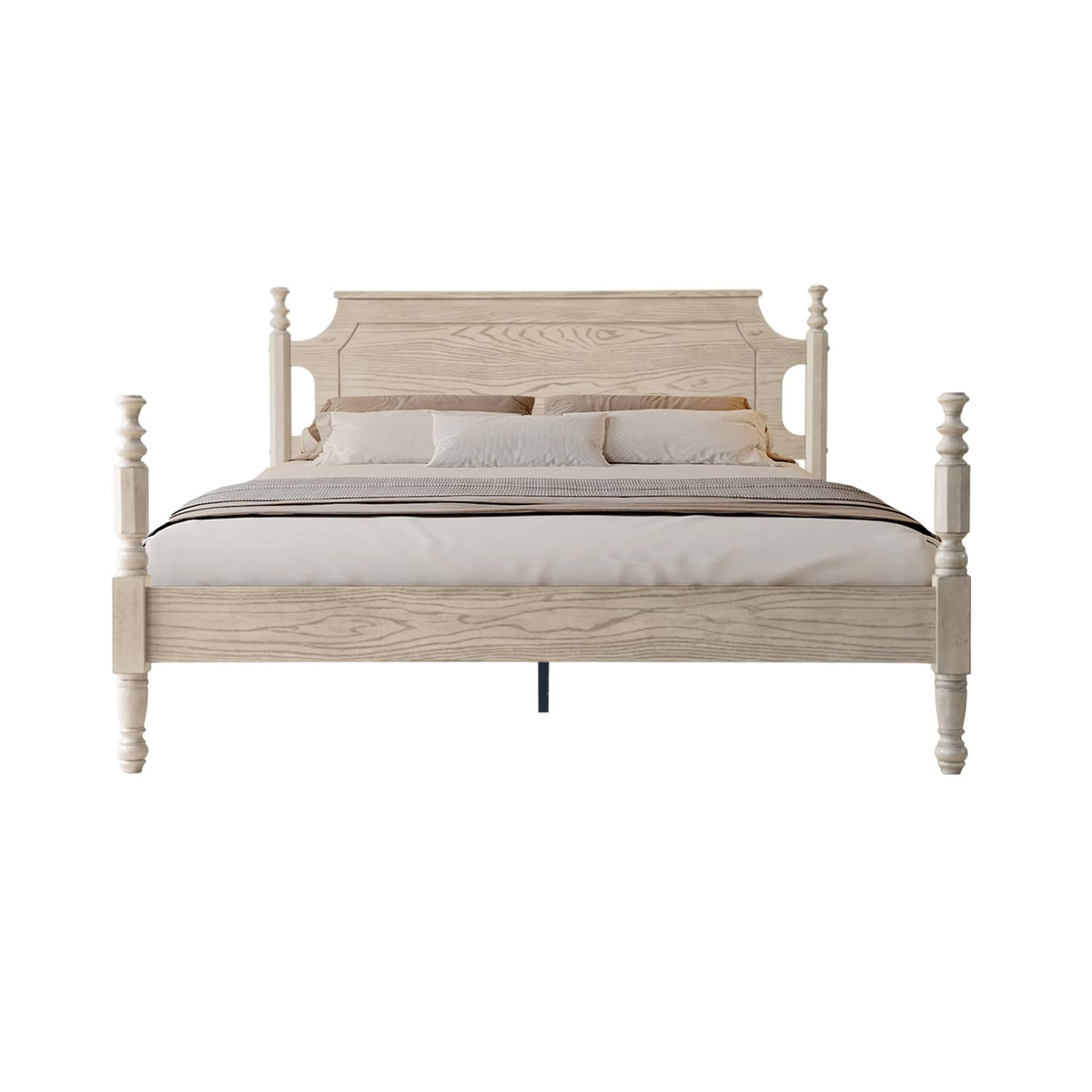 Solid Wood Queen Size Bed Frame with Headboard & Footboard, 12 Strong Slats, Center Metal Legs, Anti-Slip & Noise-Free Design, No Box Spring Needed, Quick Assemble, Barnwood Finish, ROQ-30