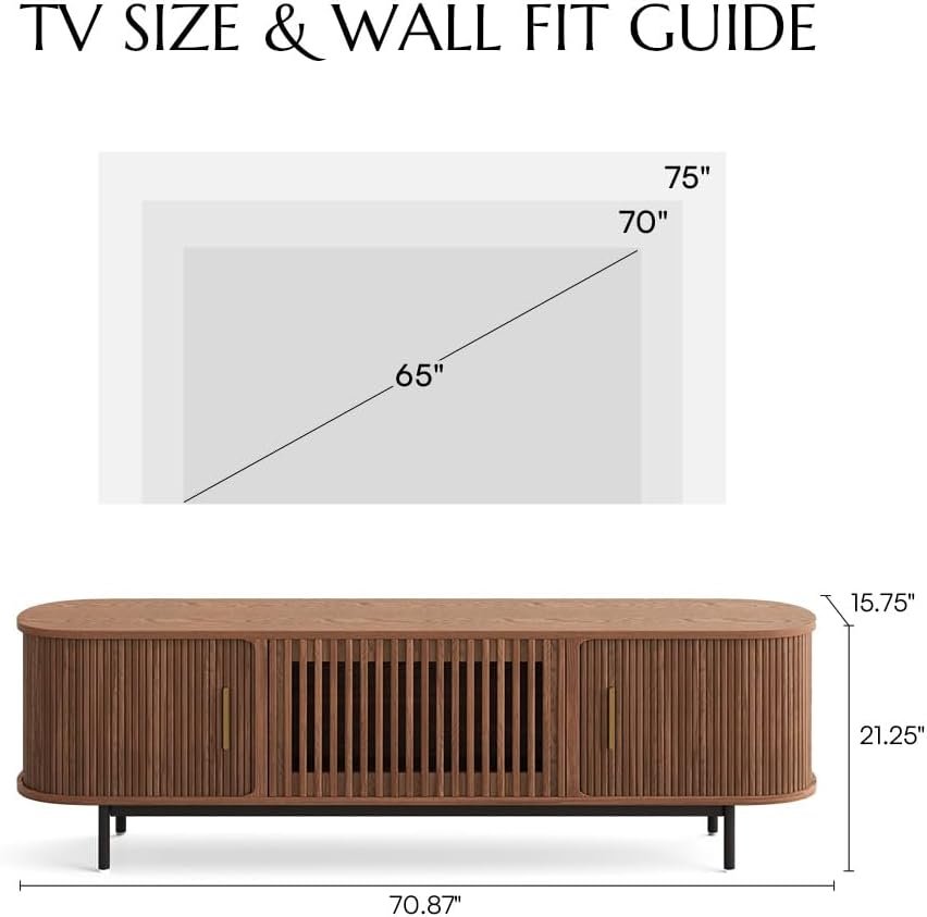 POVISON 70.87" Wood Fully-Assembled Sliding Tambour Door TV Stand, Walnut