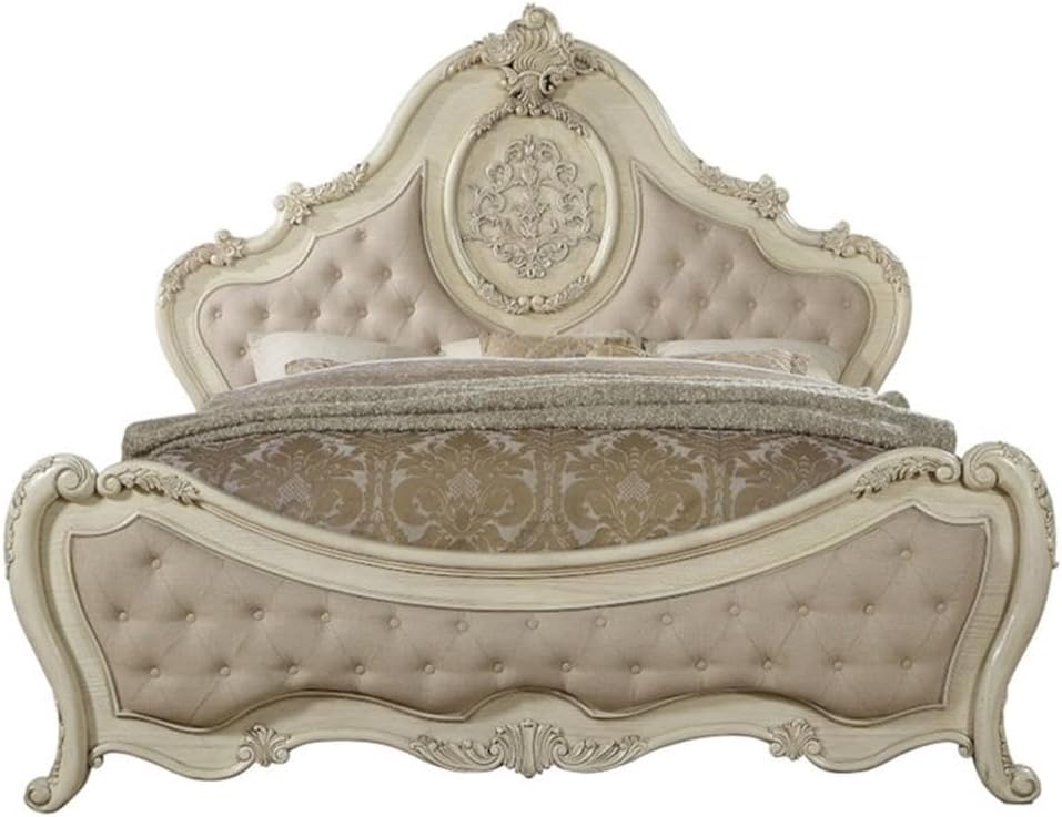 ACME Ragenardus Queen Bed - 27010Q - Beige Linen & Antique White