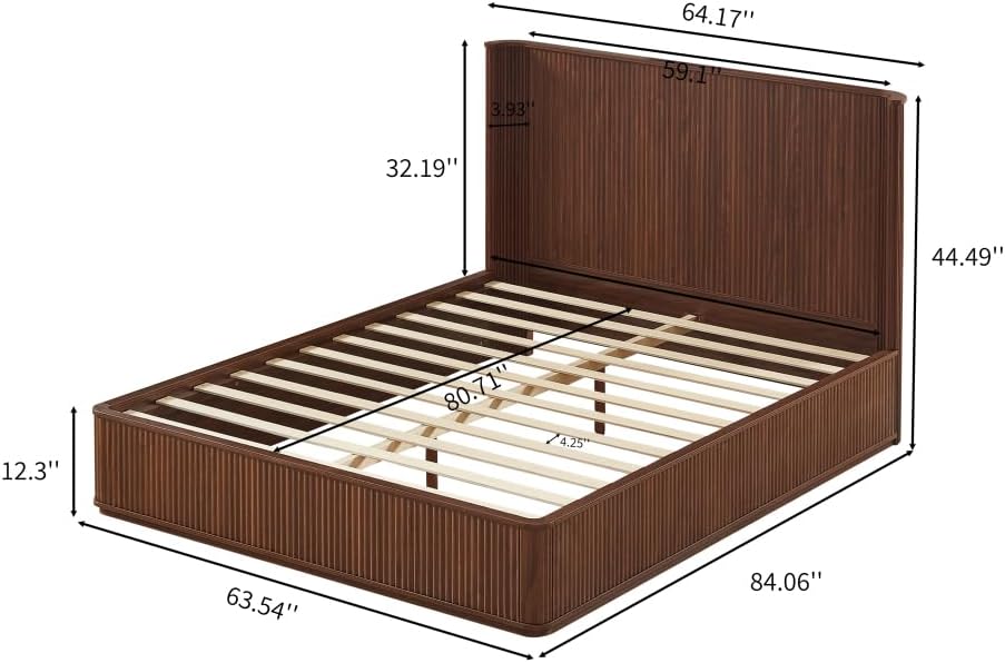 Walnut Corrugated Wave Wood Headboard Queen Bed Frame, 44" Tall Modern Minimalist Platform Bed, Heavy Duty Wood Slats, No Box Spring Needed, Easy Assembly