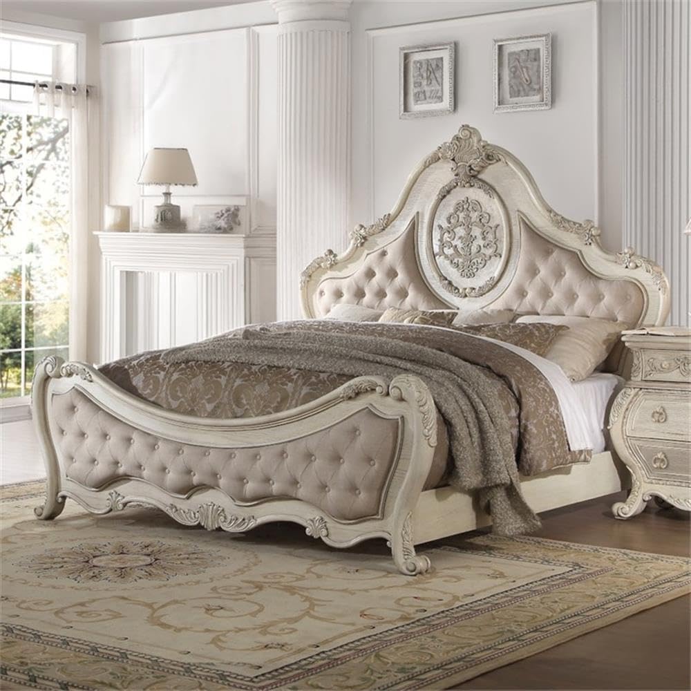 ACME Ragenardus Queen Bed - 27010Q - Beige Linen & Antique White