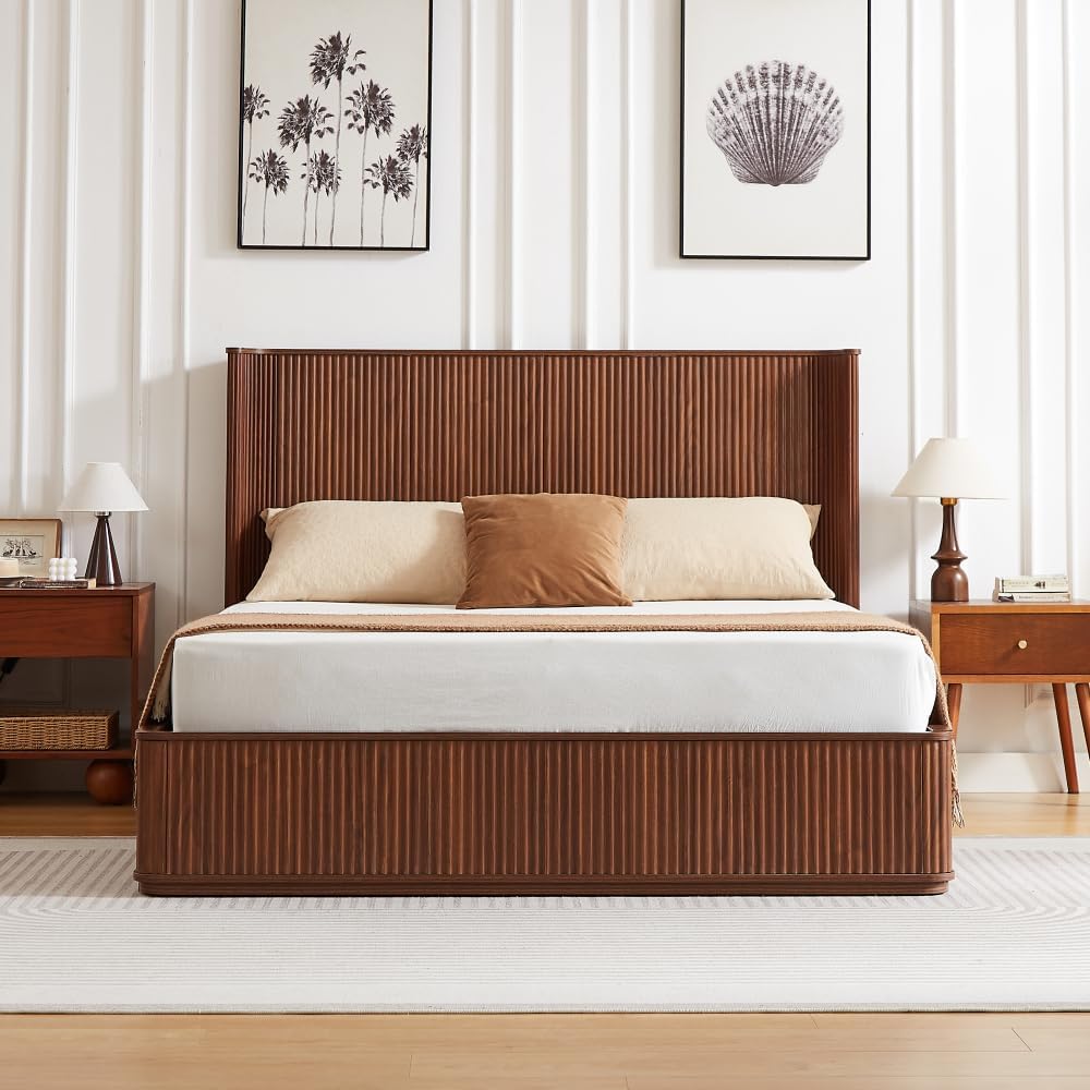 Walnut Corrugated Wave Wood Headboard Queen Bed Frame, 44" Tall Modern Minimalist Platform Bed, Heavy Duty Wood Slats, No Box Spring Needed, Easy Assembly
