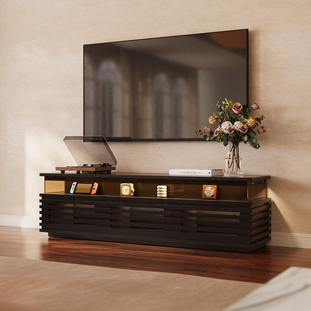 POVISON 94.49'' Fully Assembled TV Stand with Adjustable LED Lights, Walnut