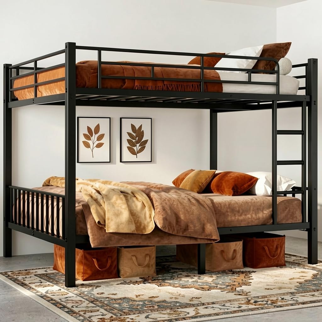 Queen over Queen Bunk Bed for Adults, Heavy Duty 600lbs Guardrails & Ladder