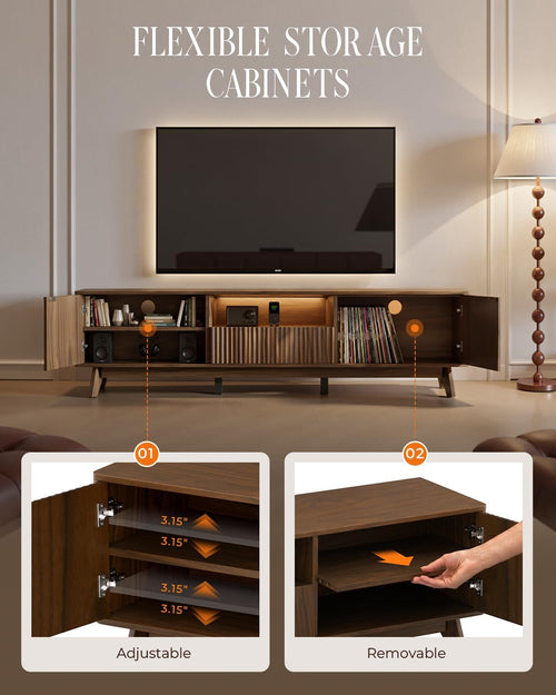 70 Inch Fluted TV Stand with Storage for Living Room, Walnut