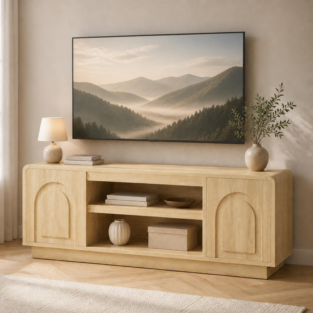 Bestier 63" Mid Century Arched TV Stand with Storage, Black