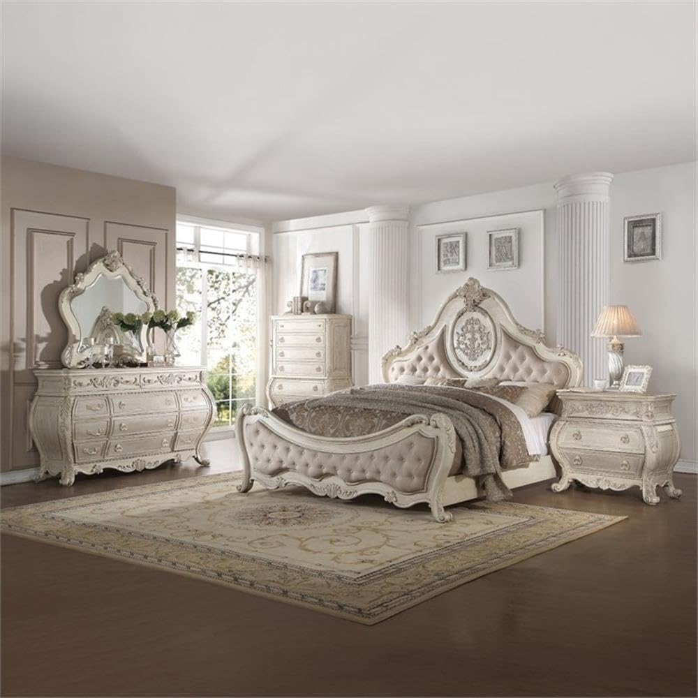 ACME Ragenardus Queen Bed - 27010Q - Beige Linen & Antique White