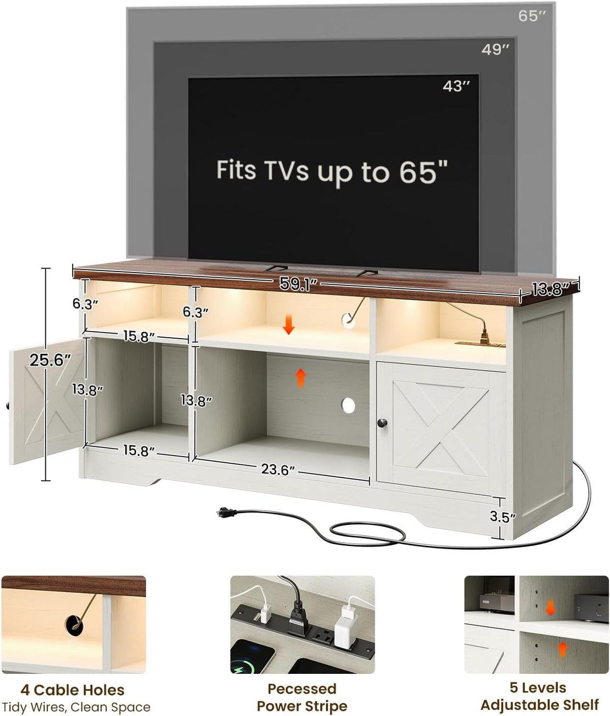 Casaottima TV Stand for 65 Inch TV, Entertainment Center, White