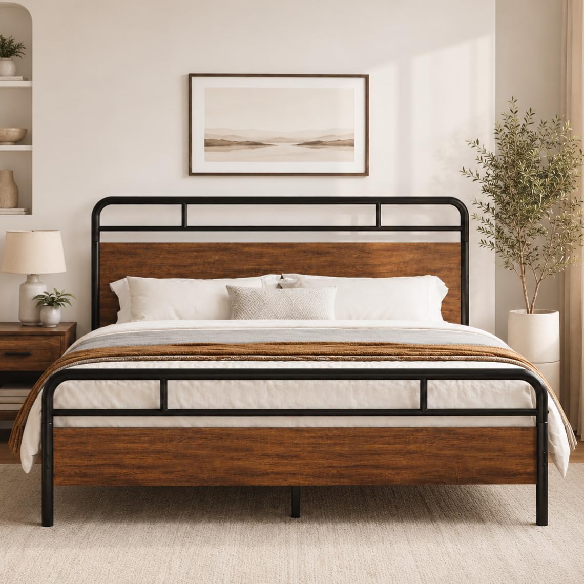 Allewie Queen Size Industrial Bed Frame with Wood Panels, Walnut