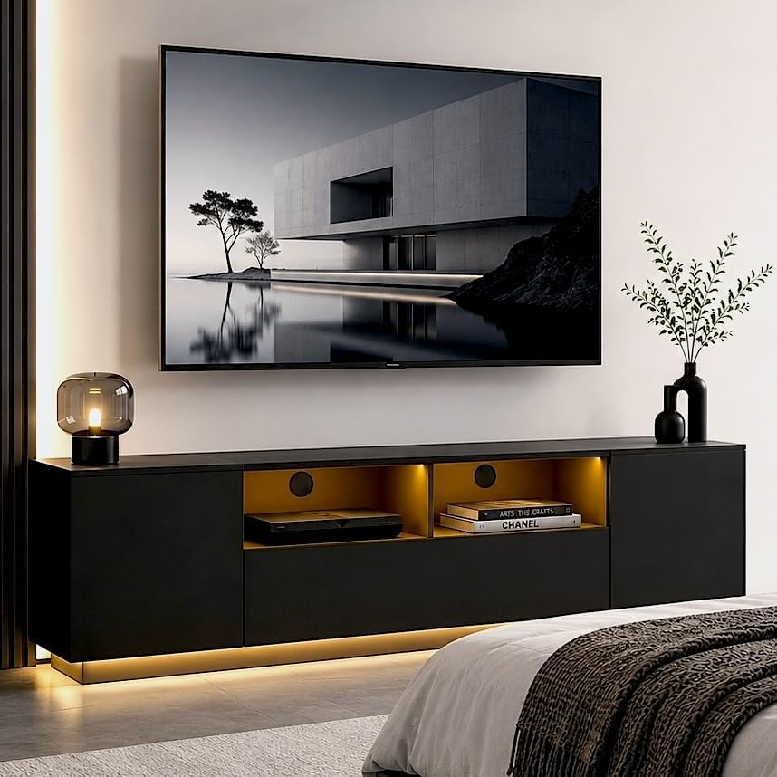 WLIVE LED TV Stand for 65/70/75 Inch TVs, Modern Entertainment Center with Storage Cabinets and Drawer, Gaming Media TV Console with RGB Lights for Living Room, Black