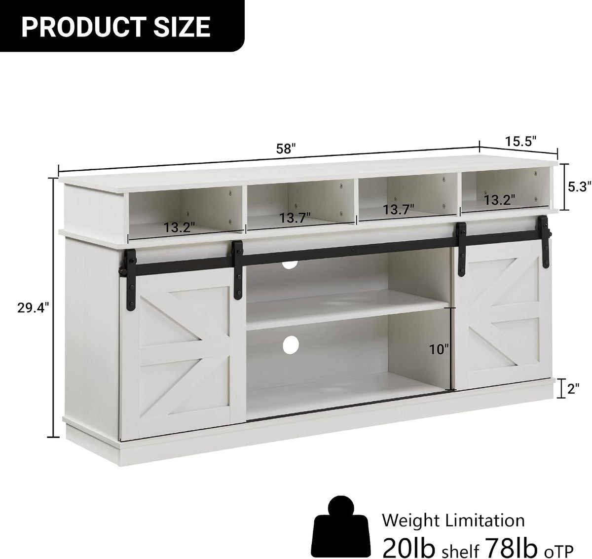 58" Farmhouse TV Stand with Sliding Barn Doors for TVs up to 65 Inch, Entertainment Center with Adjustable Shelves, Wood Media Console Storage Cabinet for Living Room Bedroom, White