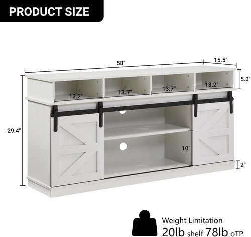 58" Farmhouse TV Stand with Sliding Barn Doors for TVs up to 65 Inch, Entertainment Center with Adjustable Shelves, Wood Media Console Storage Cabinet for Living Room Bedroom, White