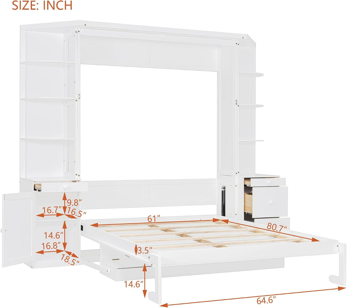 YOPTO Queen Murphy Bed with Storage Shelves and Desk,Cabinets,Lights,White