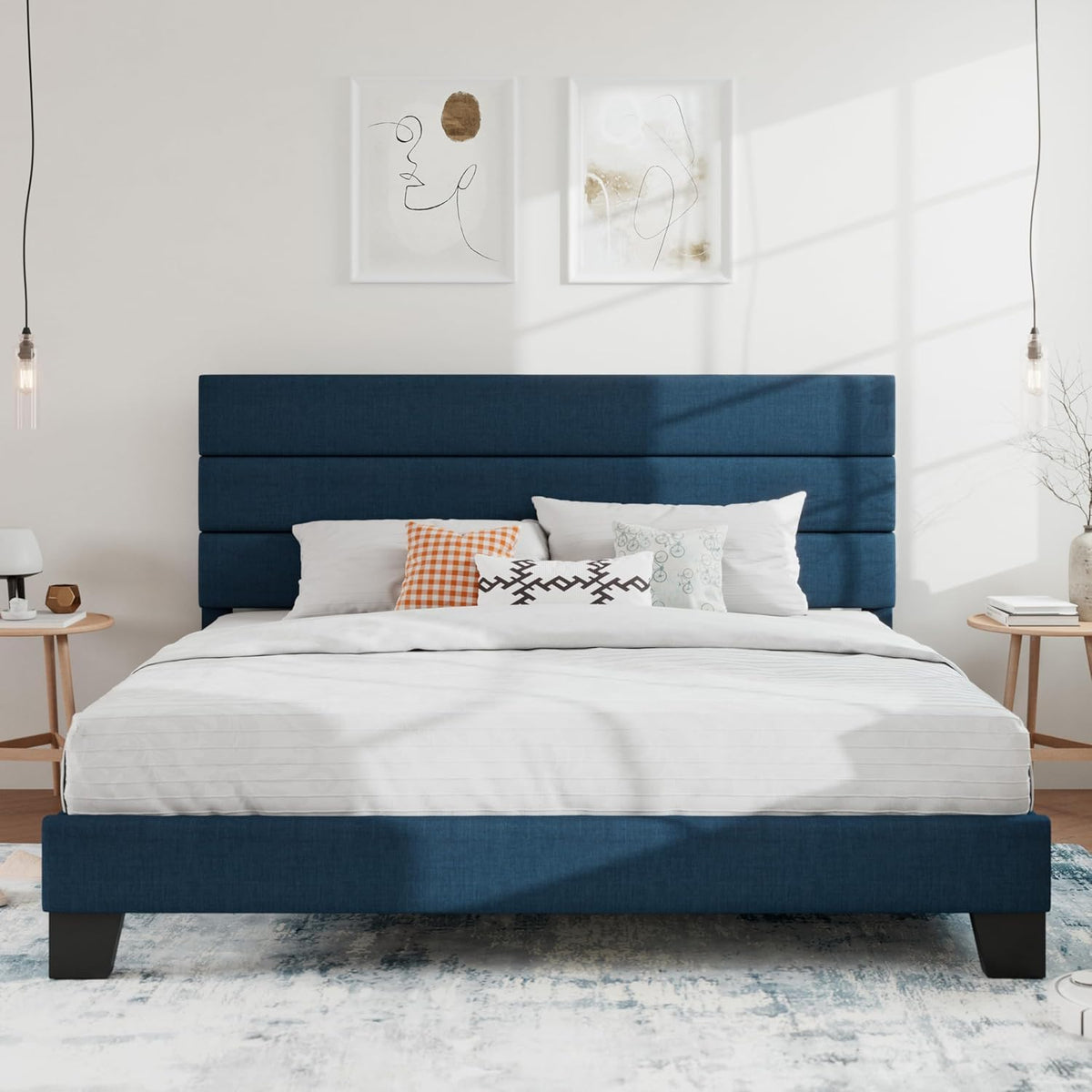 SHA CERLIN Queen Platform Bed Frame with Upholstered Fabric Headboard,Beige