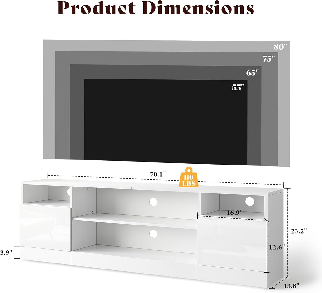 AMERLIFE 70" High-Gloss TV Stand for TVs up to 80" with LED Lights