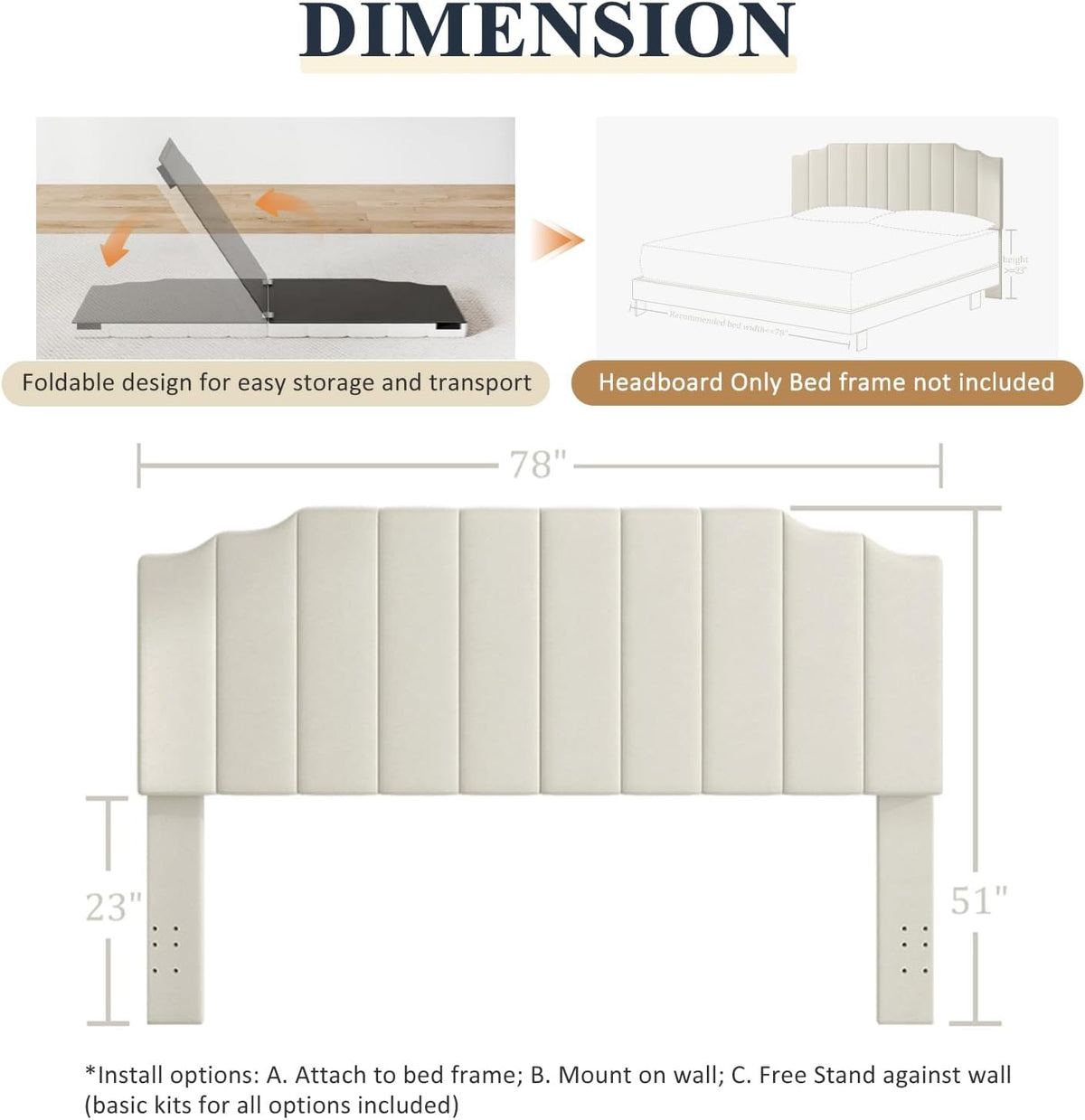 Befurtori King Size Headboard Only, Velvet Wall Mount Headboard, Cream