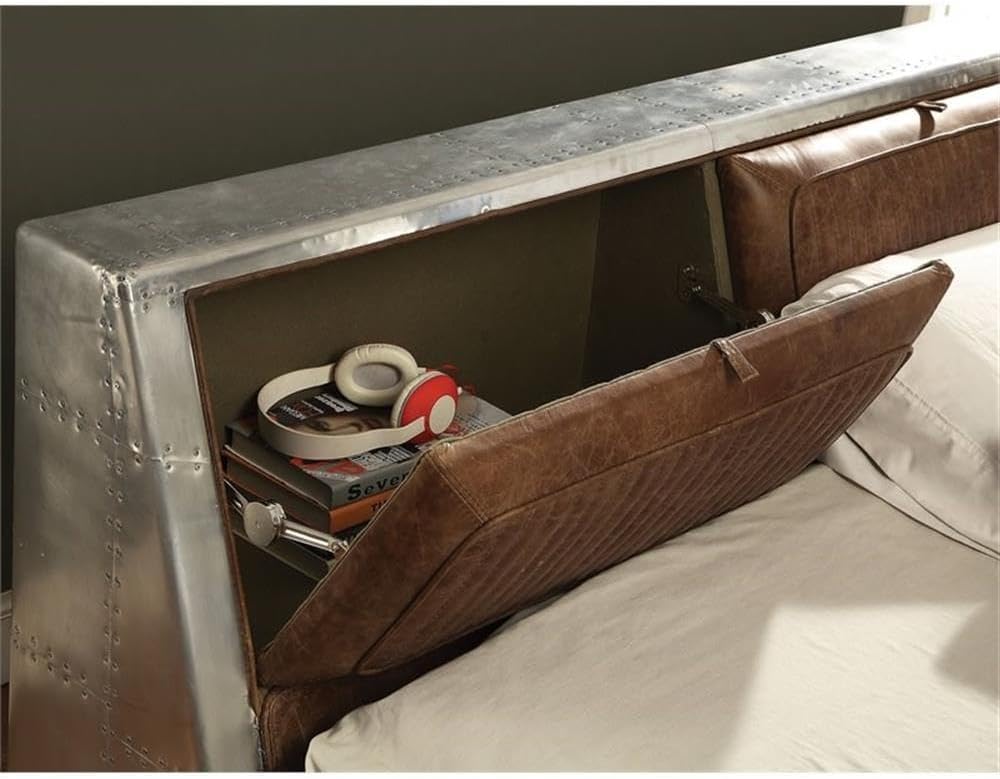 Acme Brancaster Retro Brown and Aluminum Queen Bed with Storage