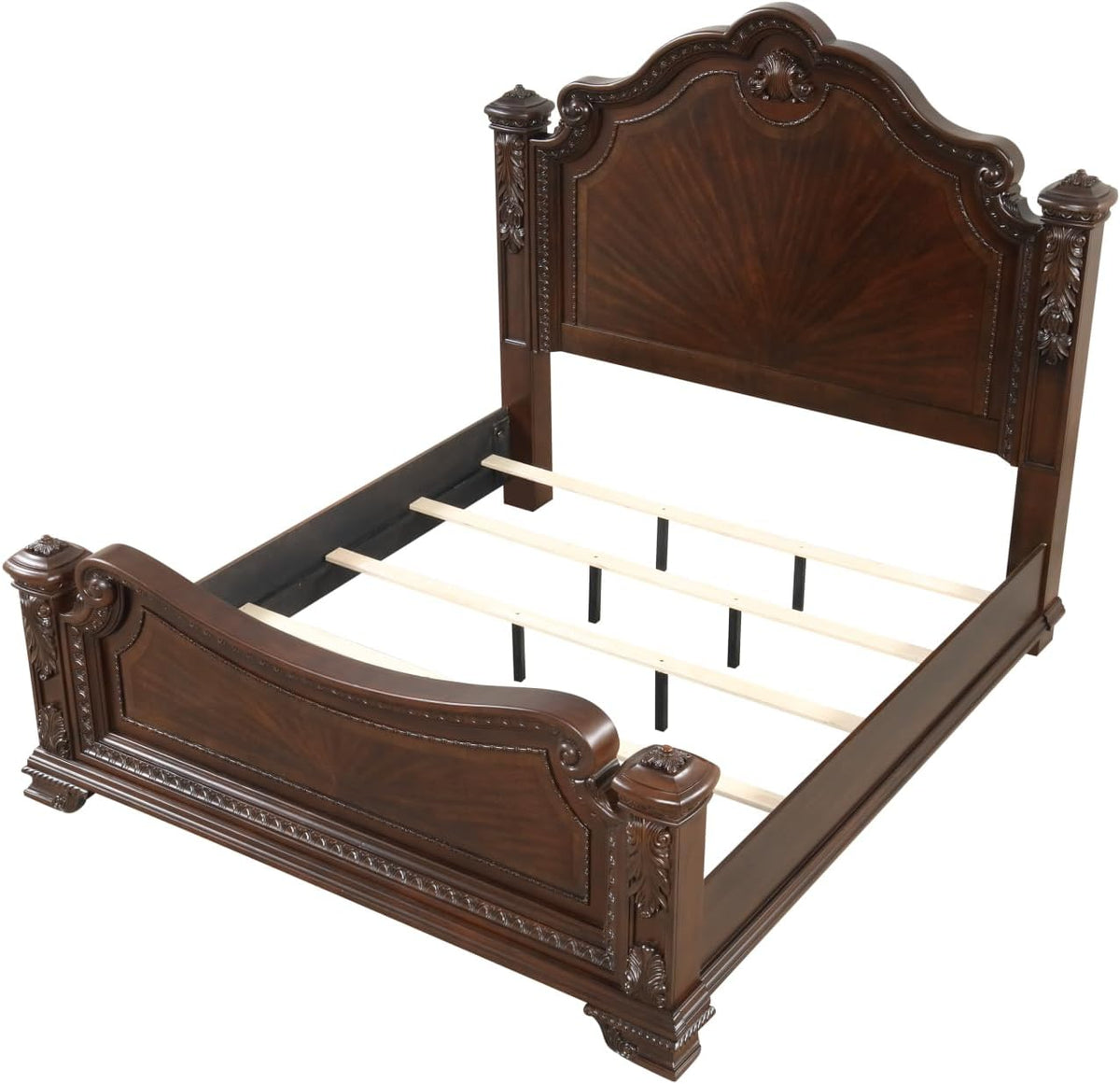 Traditional Queen Bed with Intricate Wood Carvings