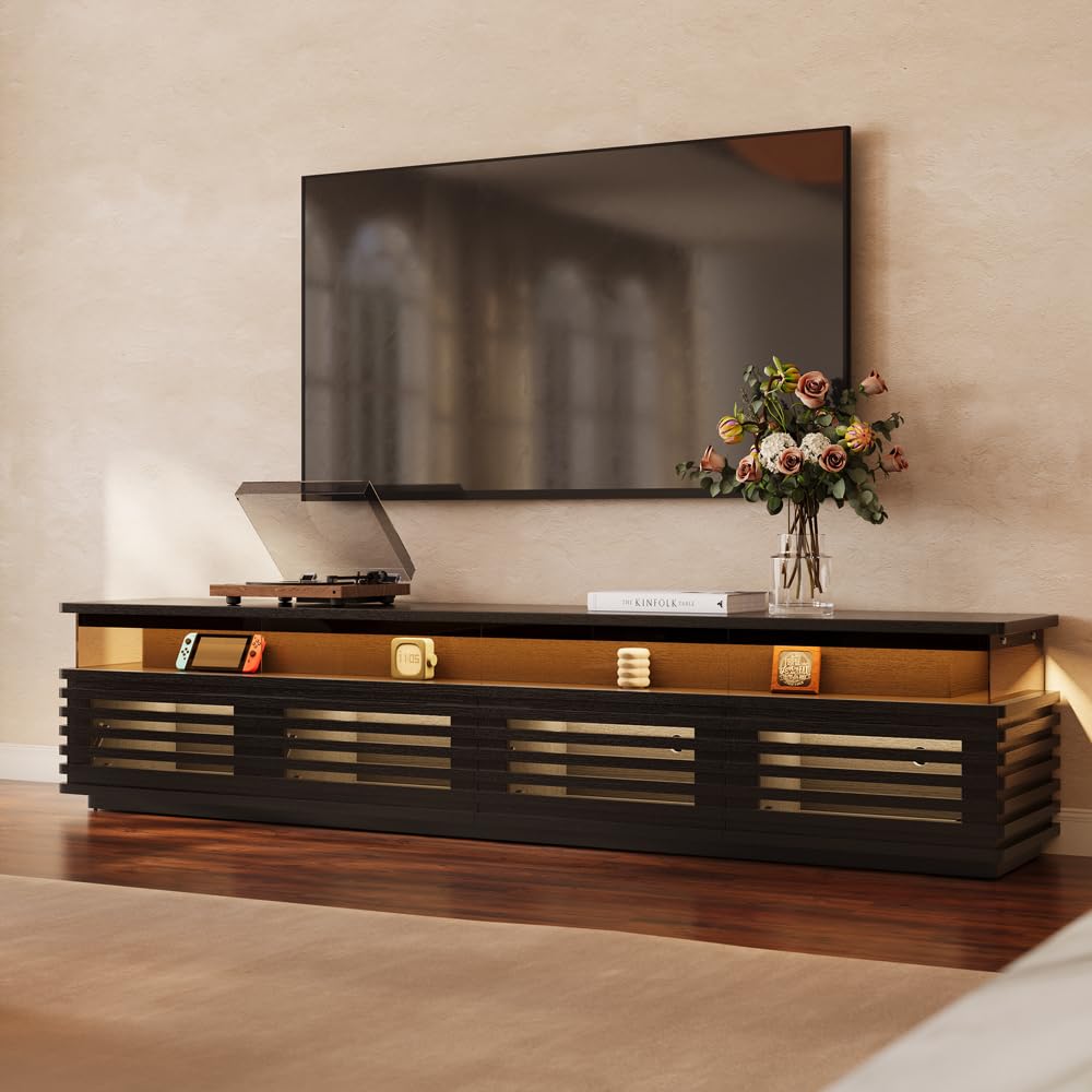 POVISON 94.49'' Fully Assembled TV Stand with Adjustable LED Lights, Walnut