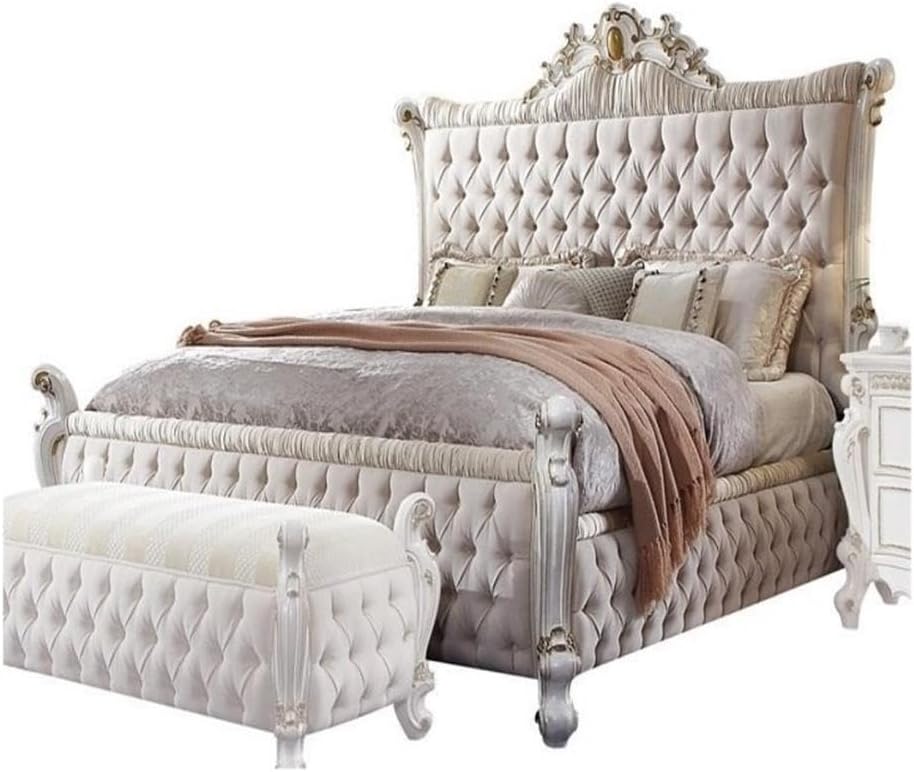 Acme Furniture Picardy Queen Bed in Fabric & Antique Pearl, 90 x 76 x 69