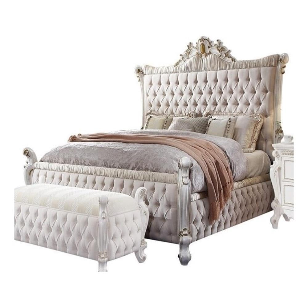Acme Furniture Picardy Queen Bed in Fabric & Antique Pearl, 90 x 76 x 69