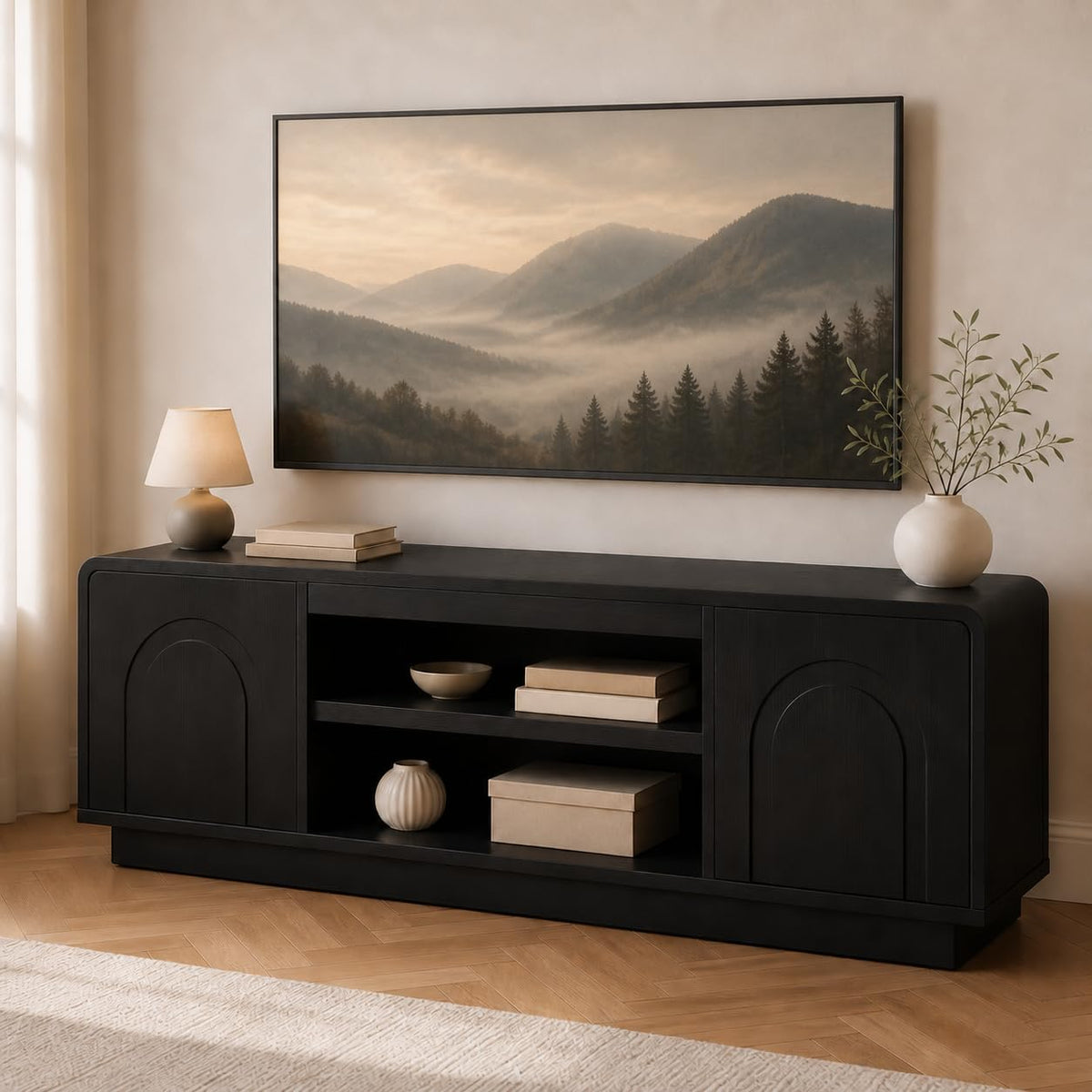 Bestier 63" Mid Century Arched TV Stand with Storage, Black
