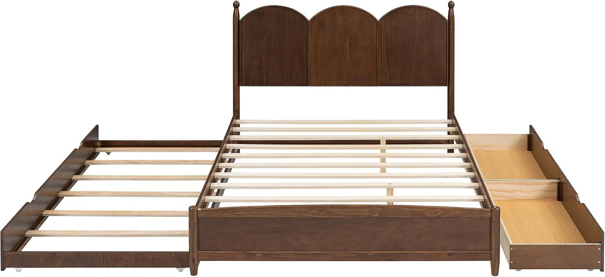 Merax Queen Size Platform Bed with 2 Storage Drawers and Twin XL Size Trundle, Rustic Design Wooden Bed Frame, Walnut