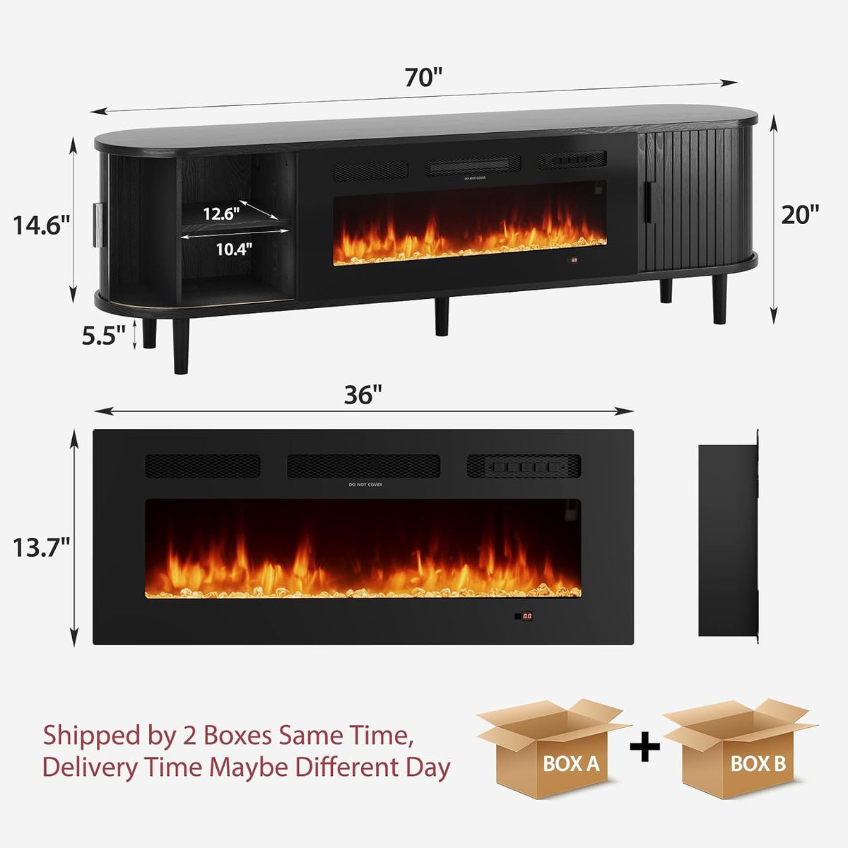 70" Mid Century Modern TV Stand with Fireplace, Fluted Fireplace TV Stand, Entertainment Center with Sliding Door, TV Console with Solid Wood Legs for Living Room, Black