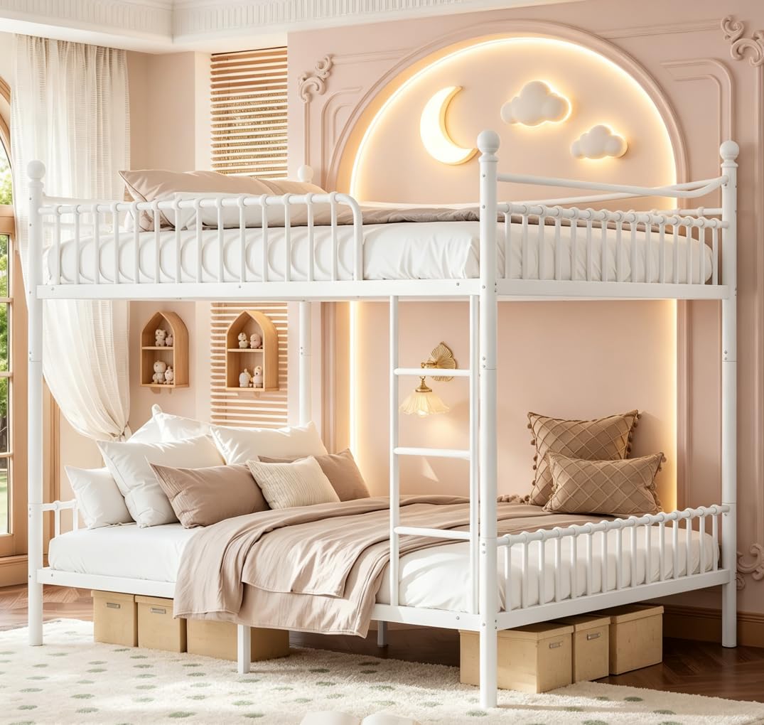 Bellemave Full Over Full Bunk Beds, Metal Bunk Bed with Ladder and Guardrail for Kids, Adults, Can be Split, White