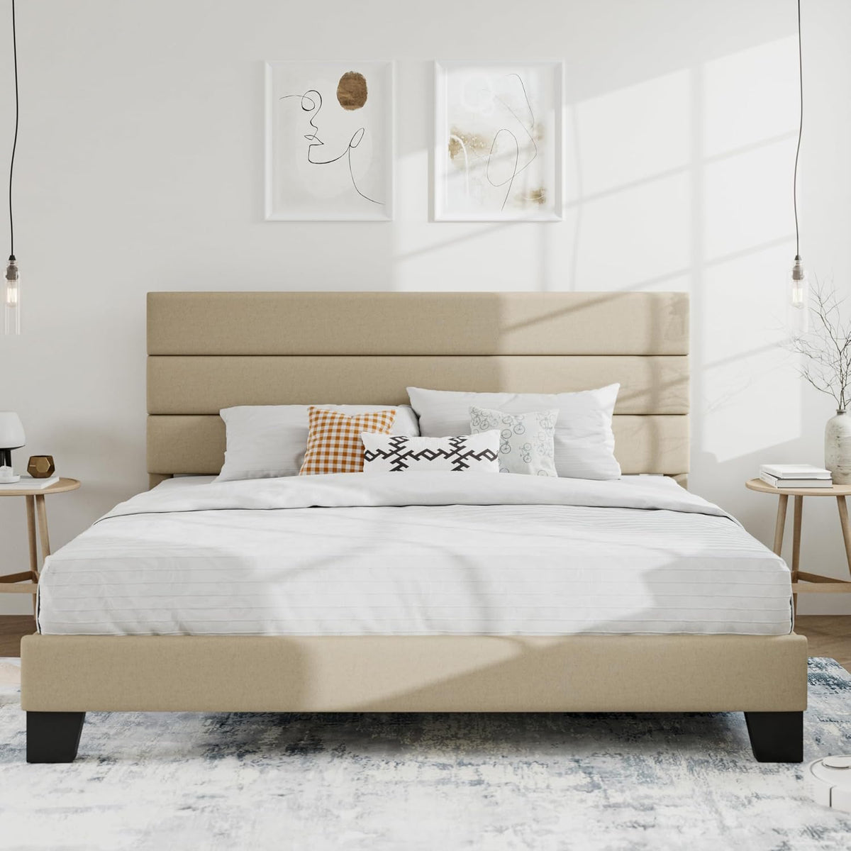 SHA CERLIN Queen Platform Bed Frame with Upholstered Fabric Headboard,Beige