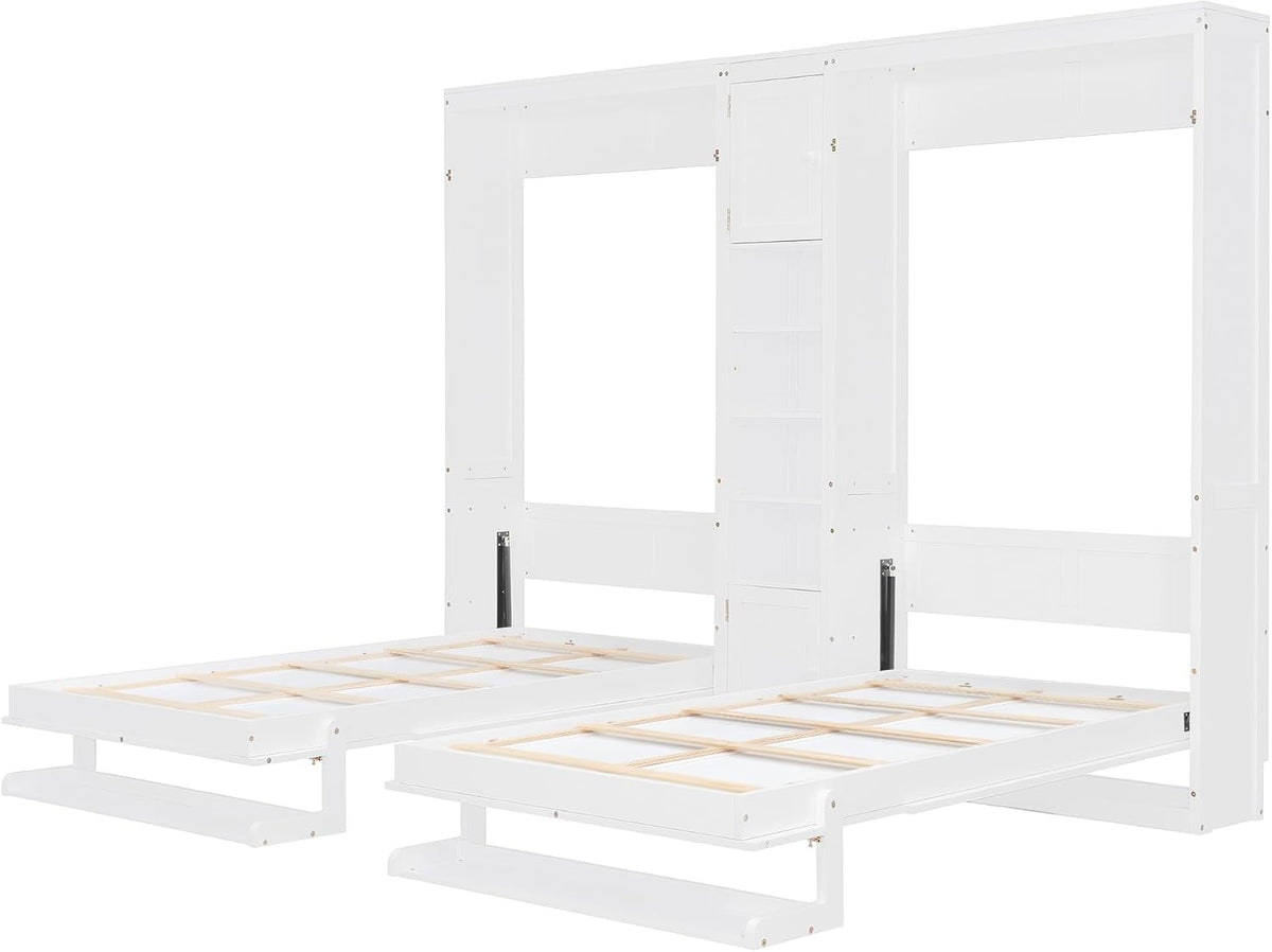 Merax Dual Twin Murphy Bed with Cabinets and Shelves, Space Saving Wall Bed with Storage, Foldable Twin Beds with Convertible Shelf Legs for Guest Room, Small Space, White