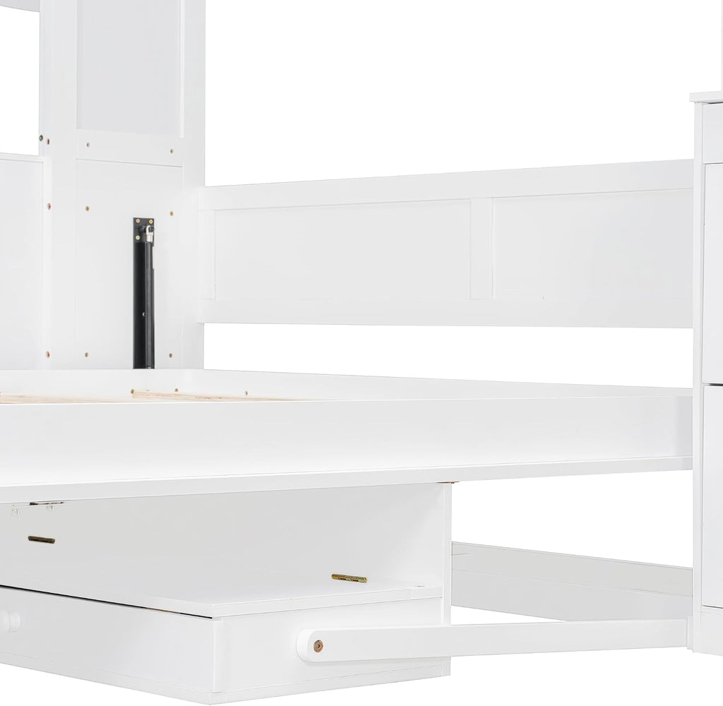 YOPTO Queen Murphy Bed with Storage Shelves and Desk,Cabinets,Lights,White
