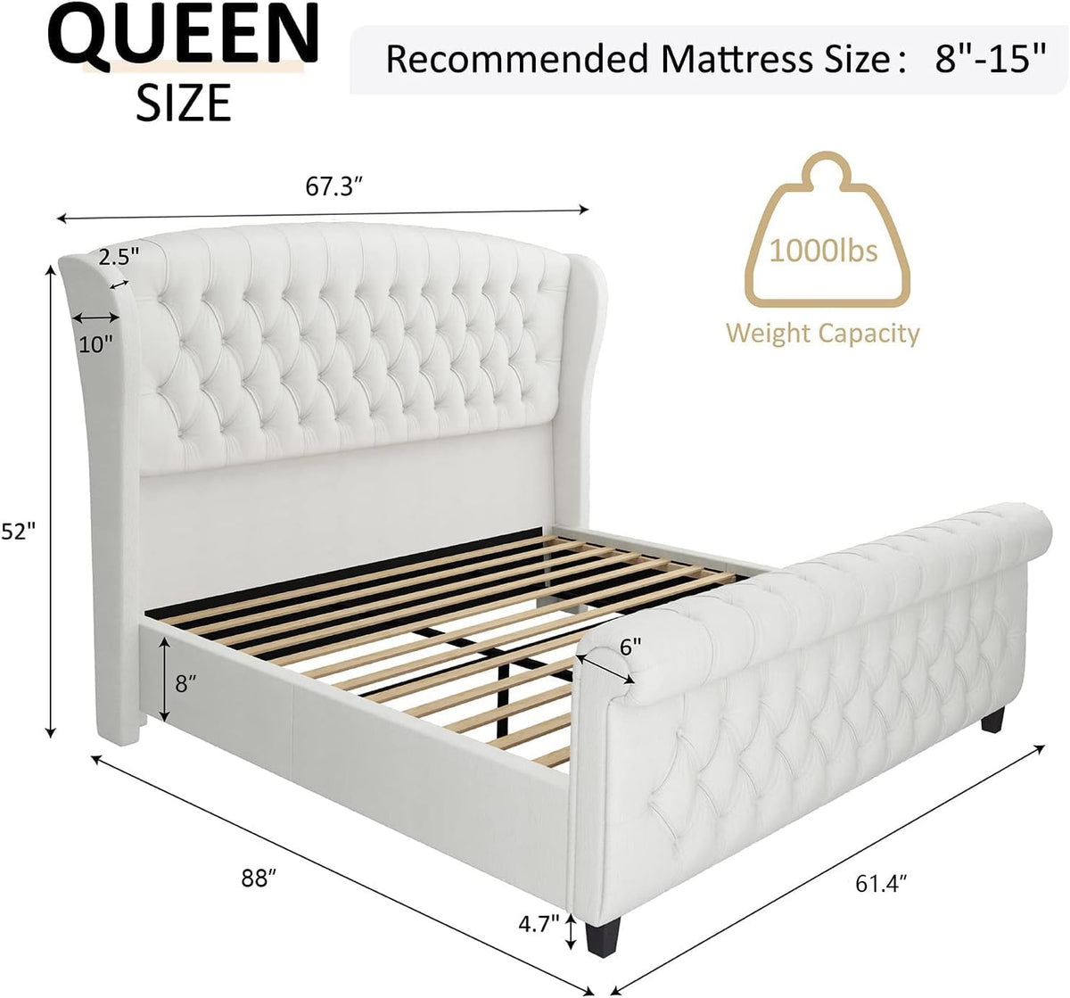 AMERLIFE Queen Size Upholstered Sleigh Bed Frame with Wingback Headboard
