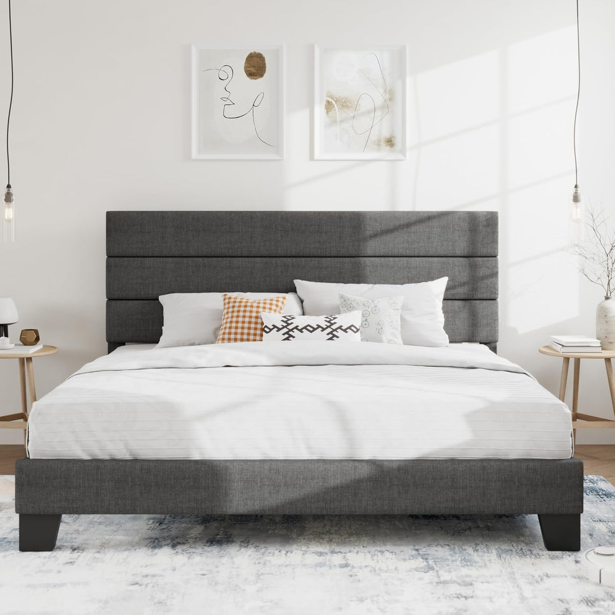 SHA CERLIN Queen Platform Bed Frame with Upholstered Fabric Headboard,Beige