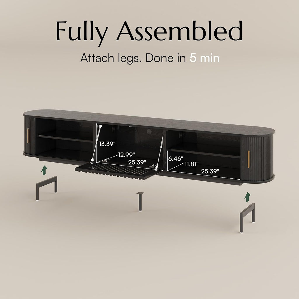 POVISON 94.49" Wood Fully-Assembled Sliding Tambour Door TV Stand, Black