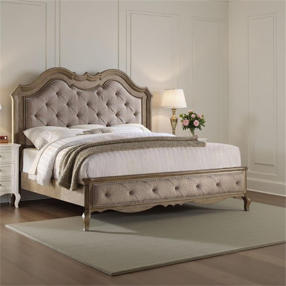 BOWERY HILL Eastern King Bed, Button Tufted Beige Upholstery, Molded Details, Nailhead Trim, Cabriole Feet, Scalloped Apron, Traditional Style Bed for Bedroom, Box Spring Required