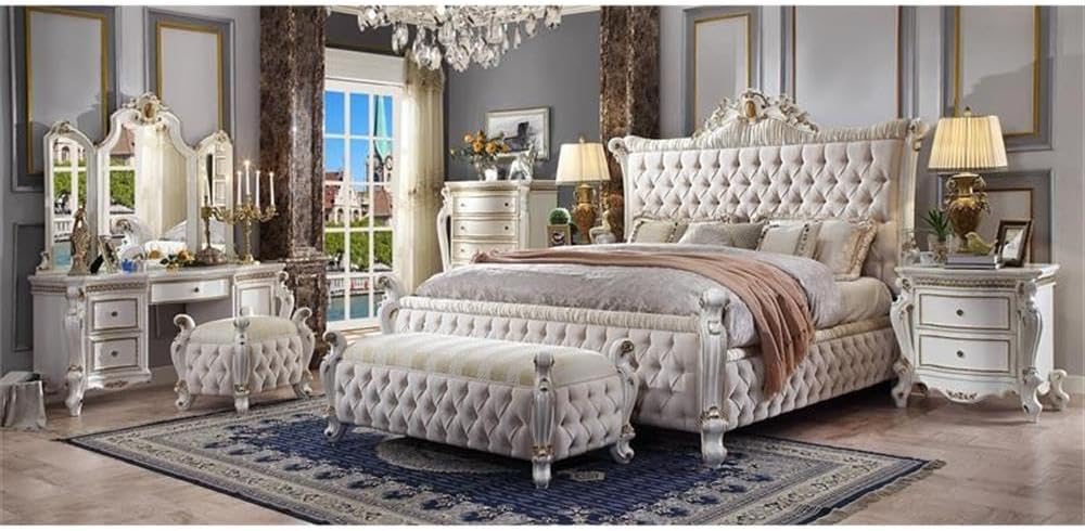 Acme Furniture Picardy Queen Bed in Fabric & Antique Pearl, 90 x 76 x 69