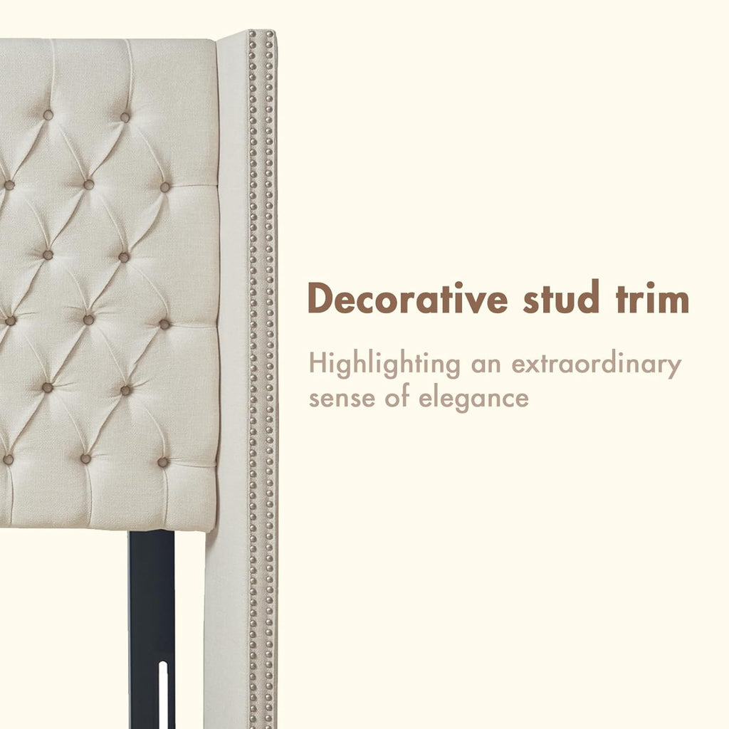 Madison Park Amelia Upholstered Headboard | Nail Head Trim Wingback Button Tufted | Queen, Cream