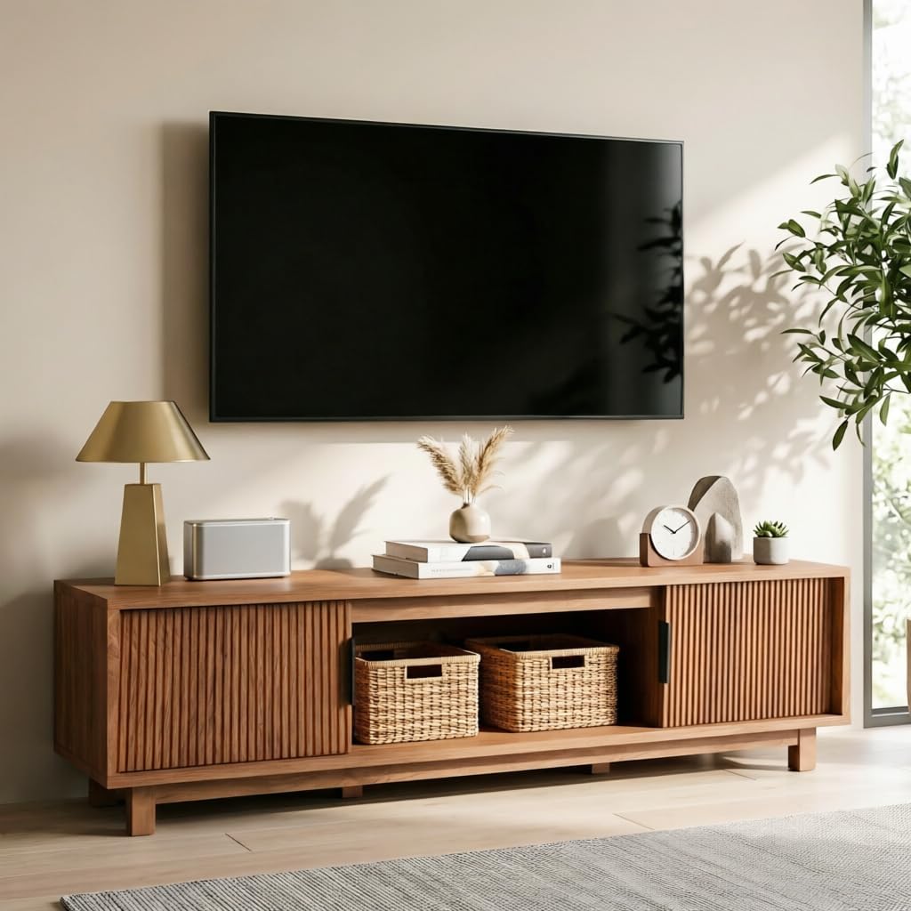 Alpen Fluted TV Stands for Living Room, 58" Mid Century Modern Entertainment Center with Storage, Brown Walnut TV Console for 55/60/65 Inch TV, Wood Television Media Cabinet for Bedroom