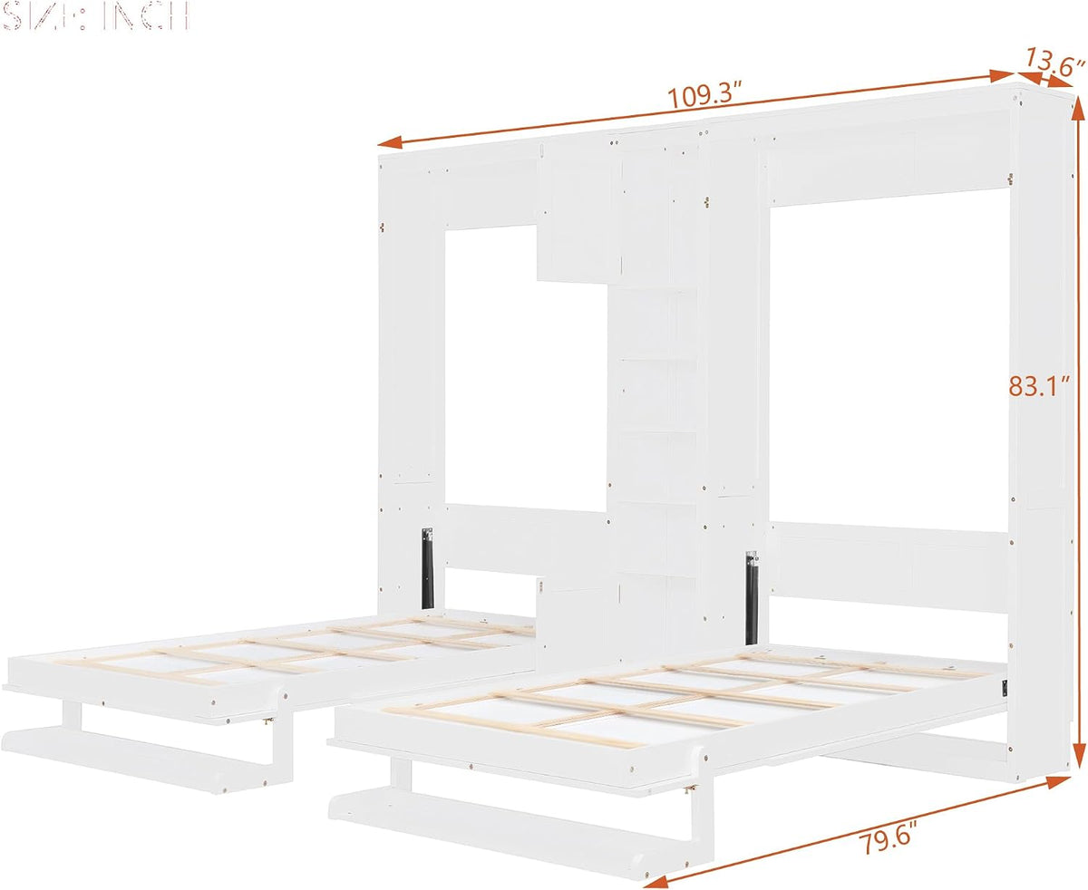 Merax Dual Twin Murphy Bed with Cabinets and Shelves, Space Saving Wall Bed with Storage, Foldable Twin Beds with Convertible Shelf Legs for Guest Room, Small Space, White