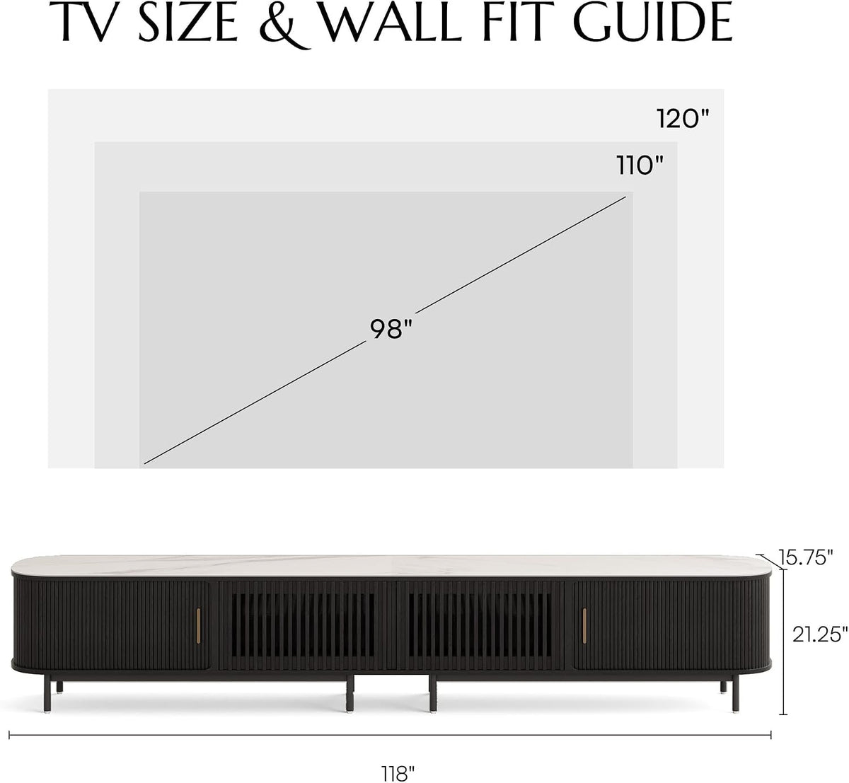 POVISON 118.11" Wood Fully-Assembled Sliding Tambour Door TV Stand, Black