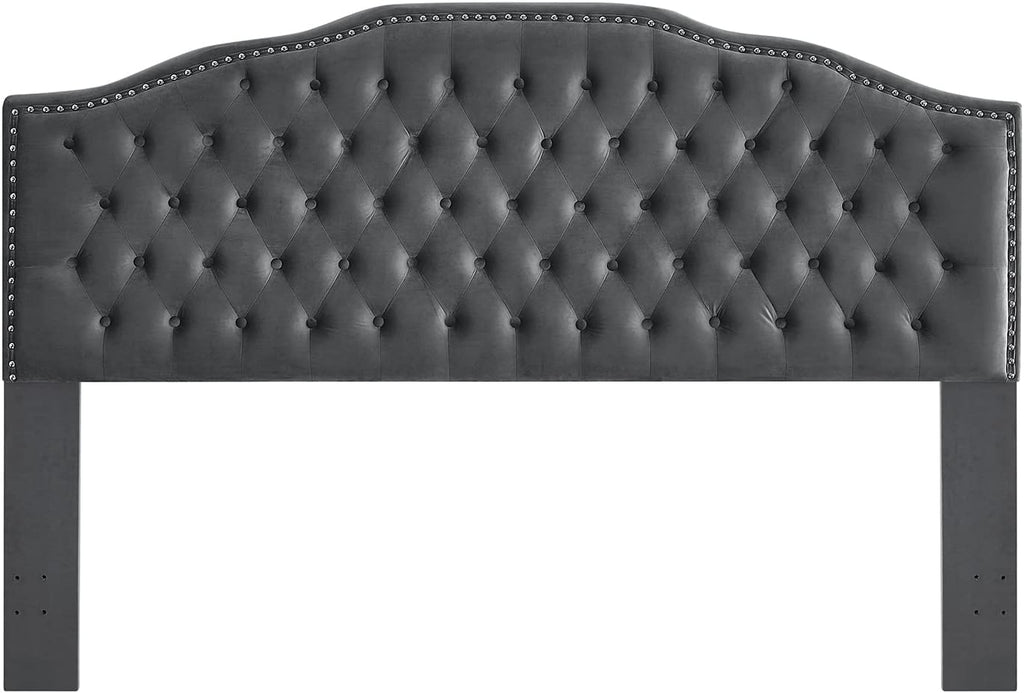 24KF Upholstered Button Tufted King Size Headboard with Nailhead Trim, Soft Velvet Fabric Headboard King/Cal King Size -Dark Gray