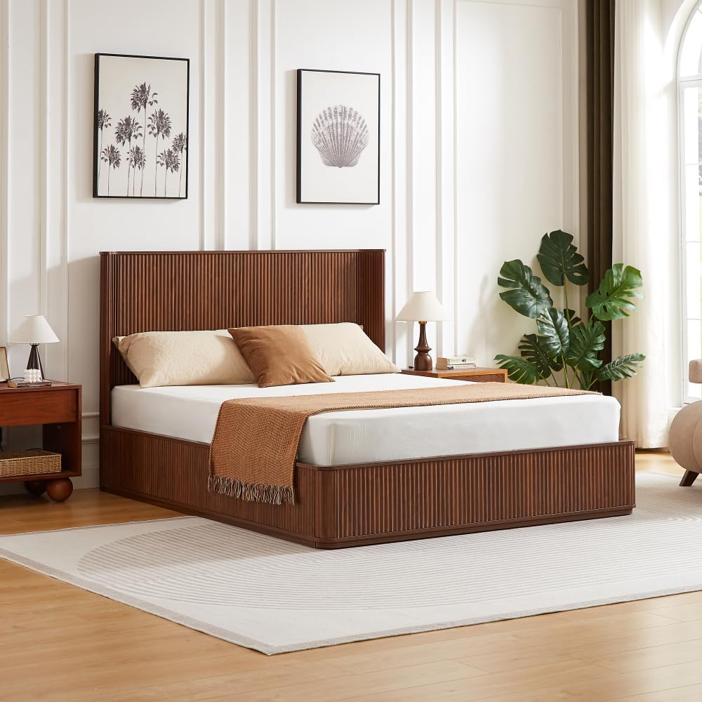 Walnut Corrugated Wave Wood Headboard Queen Bed Frame, 44" Tall Modern Minimalist Platform Bed, Heavy Duty Wood Slats, No Box Spring Needed, Easy Assembly